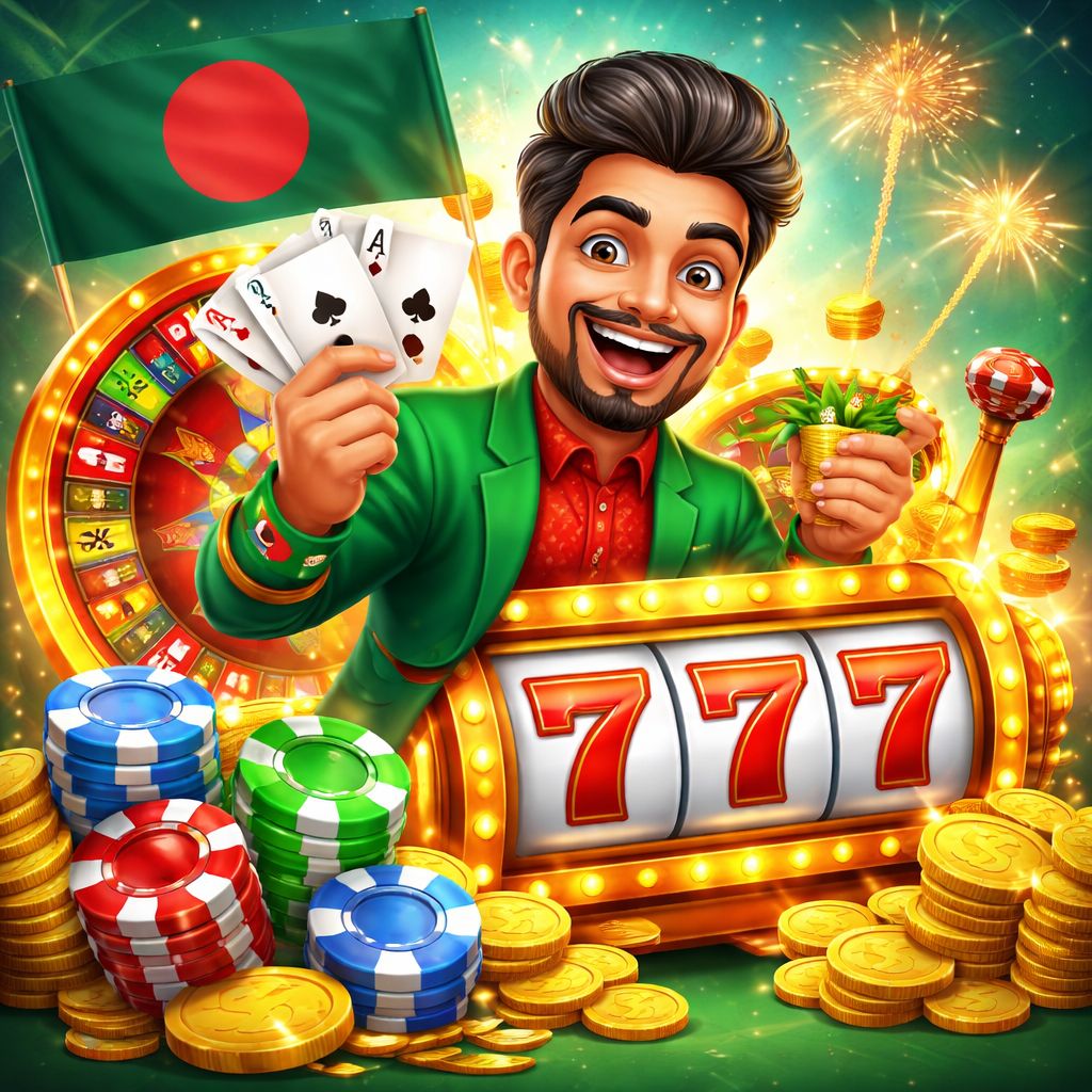 CK44.COM Casino cartoon characters with chips, cards, and coins in a lively casino scene